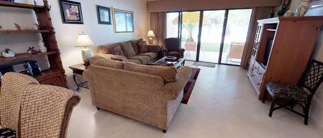 Tv, dvd-spelare, ett bordtennisbord och böcker