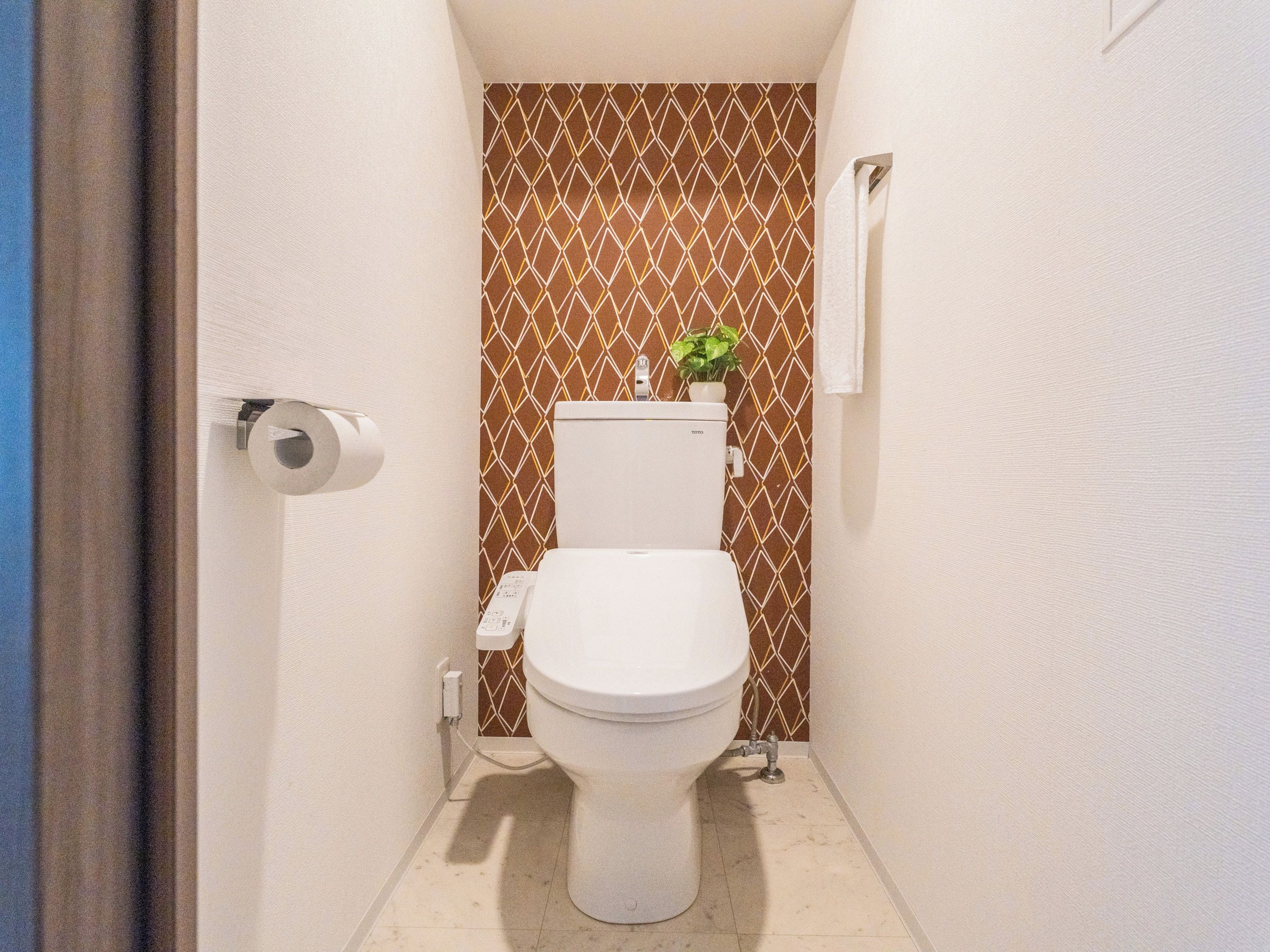 A small bathroom with a toilet, a roll of toilet paper, a plant, and a towel hanging on the wall.