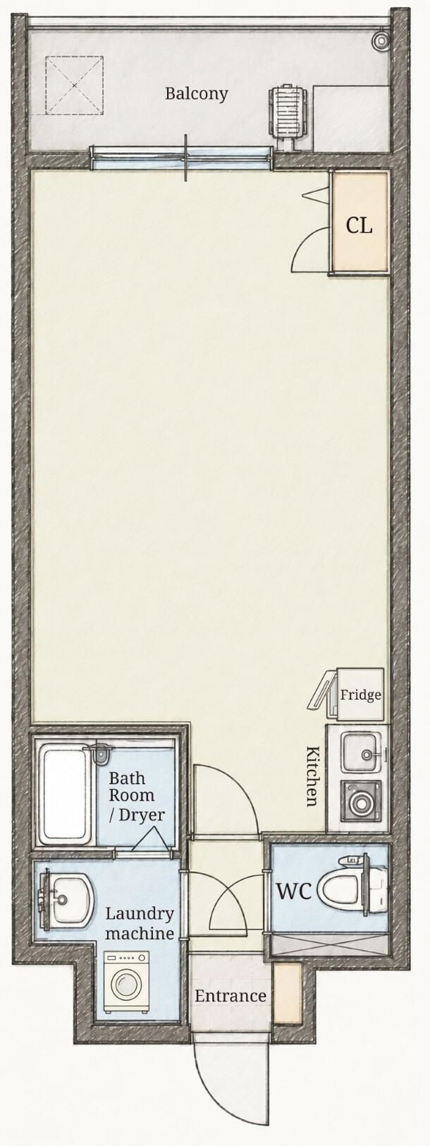 A floor plan with a balcony, a kitchen, a bathroom, a laundry area, and a WC.