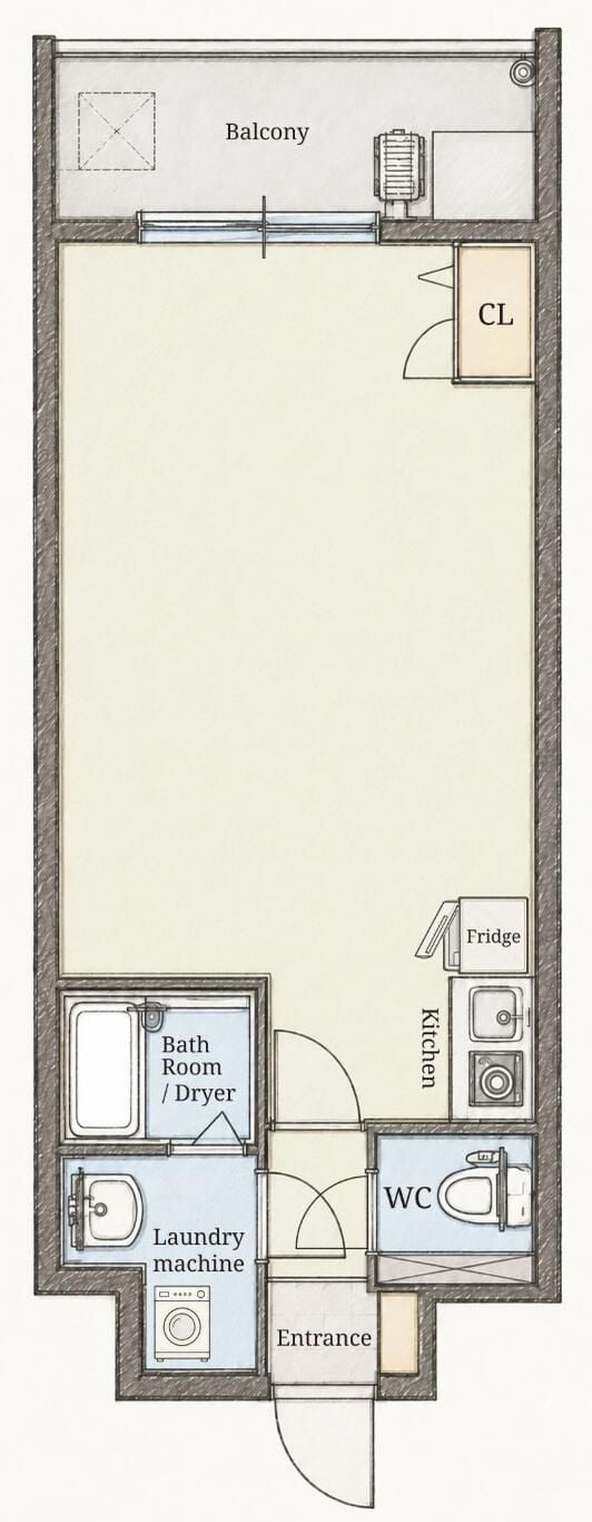 A floor plan with a balcony, a living area, a kitchen, a bathroom, and a laundry room.