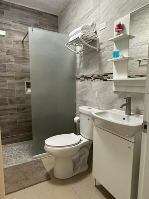Un bany modern amb vàter, rentapel i plat de dutxa.