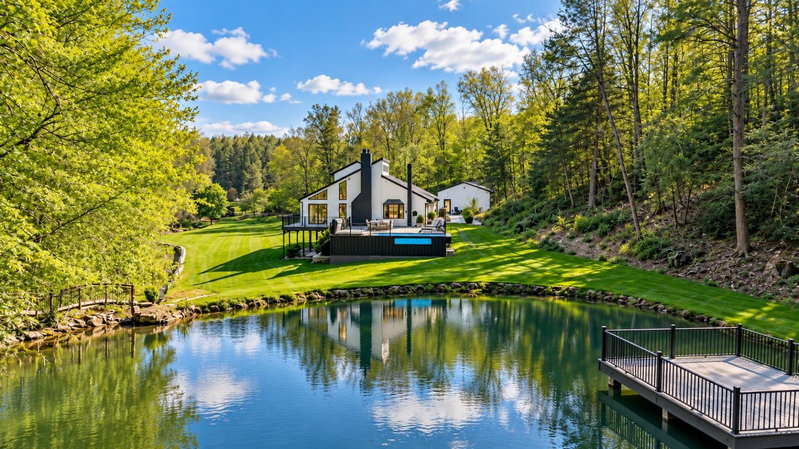 A modern house with a swimming pool, surrounded by a well-maintained lawn and trees.