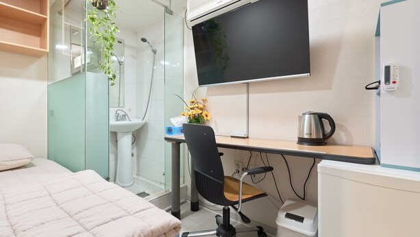 A compact hotel room with a bed, a desk with a chair, a TV, a sink, and a shower. - Snowflower Guesthouse  (Seoul)