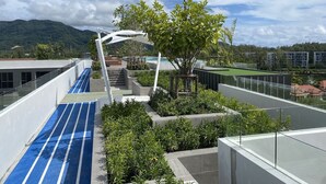 Eine Dachterrasse mit blauer Laufbahn, einem Baum und Blick auf Berge und Gebäude.