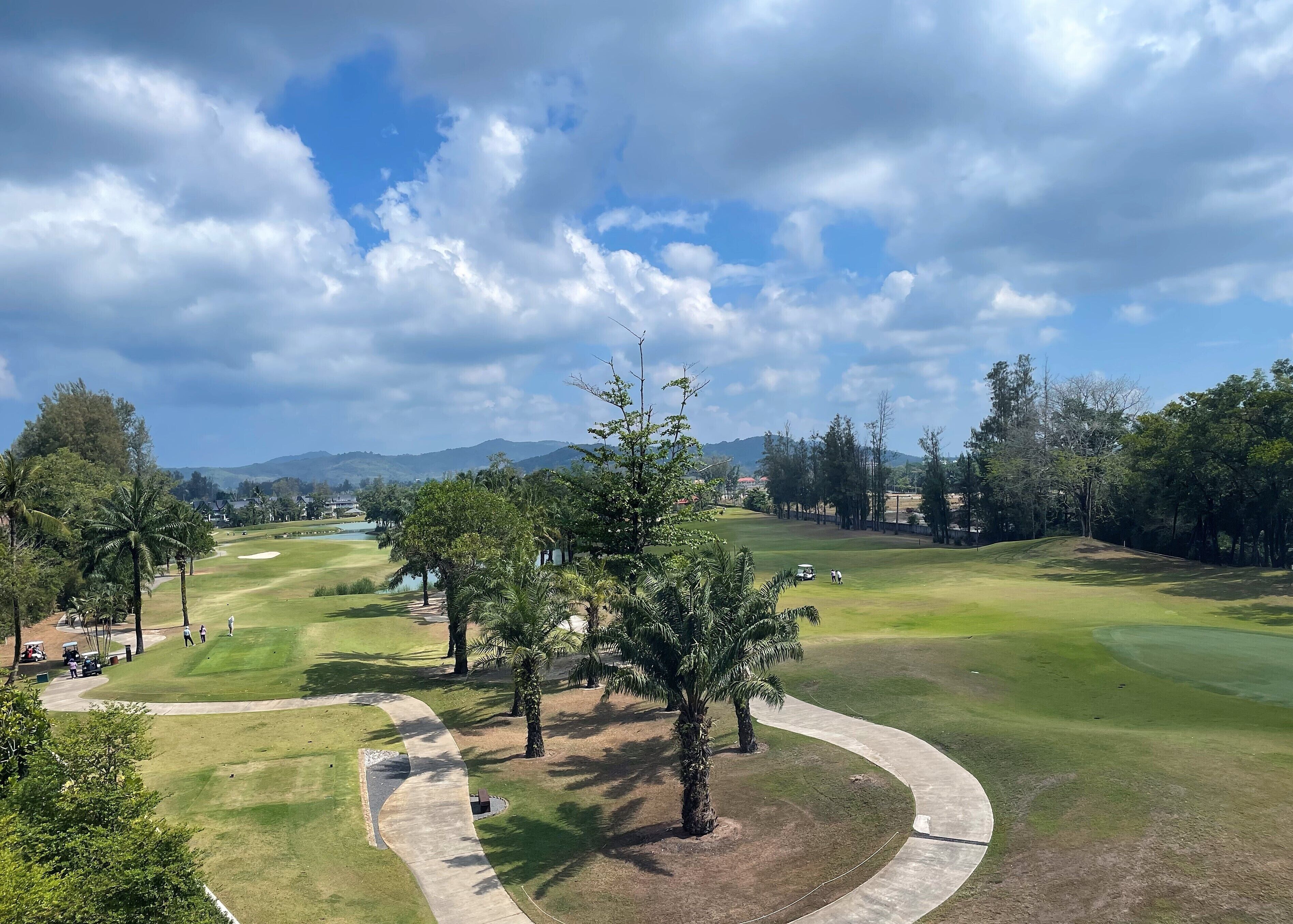 A golf course with a clear sky, palm trees, and distant mountains.