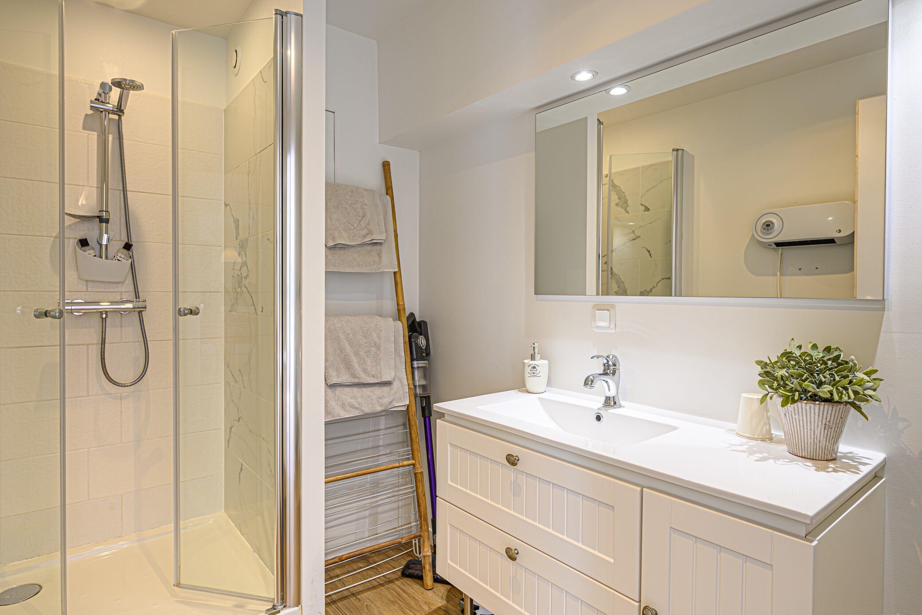 A modern bathroom with a glass-enclosed shower, a white vanity with a mirror, and a potted plant on the counter.