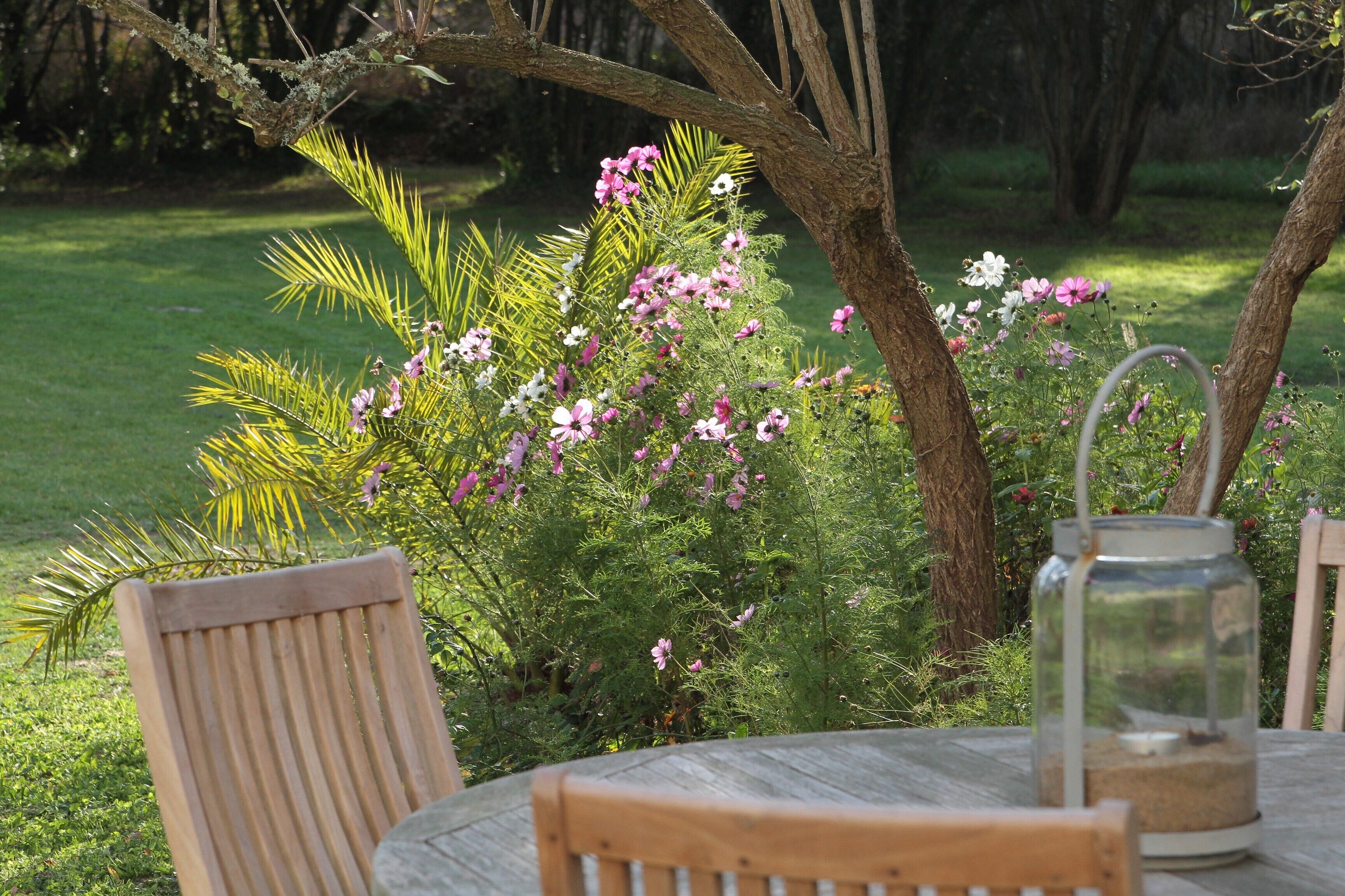 Une table ronde en bois, entourée de chaises, une lanterne en verre et un jardin où poussent différentes plantes et fleurs.