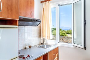 Geladeira, fogão, cooktop, talheres/pratos/utensílios de cozinha