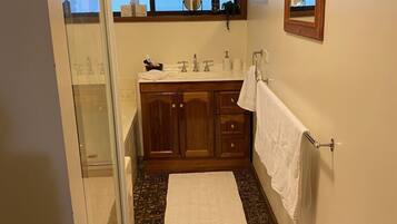 Shower, hair dryer, towels, soap