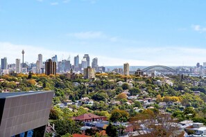 A cityscape with a prominent bridge and high-rise buildings.