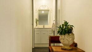 Un pasillo con una mesa de madera y una planta en maceta, que conduce a un baño con espejo y armarios.