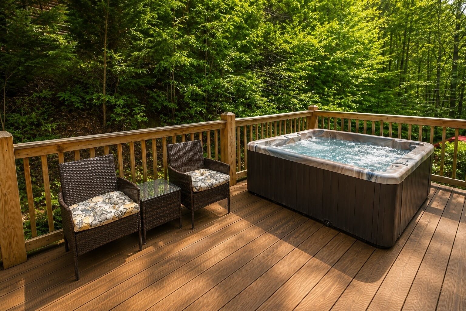 Una terraza de madera con un jacuzzi, dos sillas de mimbre y una mesa de vidrio.