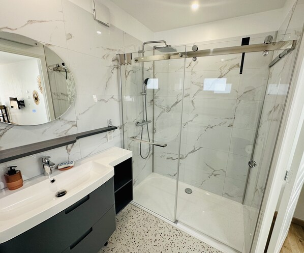 Shower, hair dryer, towels
