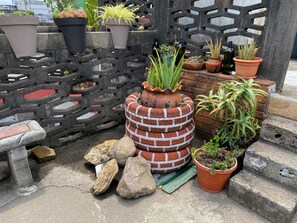 A rooftop garden with various potted plants, a brick planter, and a lattice fence.