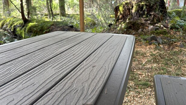A wooden picnic table in a forested area with a natural backdrop. - Private RV parking at the base of Mt. Rainier.  Have the forest to yourself! (Packwood)