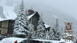 A snow-covered lodge with a wooden exterior, large windows, and a sign indicating a 'White Pass' area. - Private RV parking at the base of Mt. Rainier.  Have the forest to yourself! (Packwood)