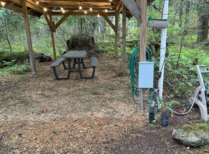 A wooden pergola with string lights, a picnic table, and a utility box in a forested area. - Private RV parking at the base of Mt. Rainier.  Have the forest to yourself! (Packwood)