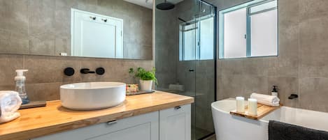 Shower, hair dryer, towels