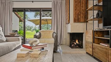 Smart TV, fireplace, books, streaming services