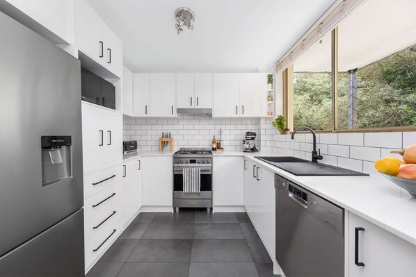Fridge, microwave, oven, dishwasher