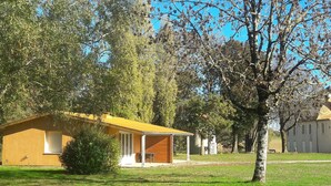 A yellow building with a covered patio and a tree in front. - Tasteful cottage in Sauze-Vaussais with terrace (SAUZE-VAUSSAIS)