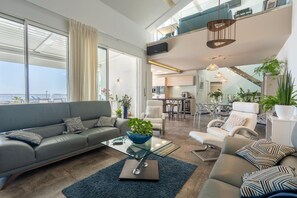 Smart TV, fireplace, books