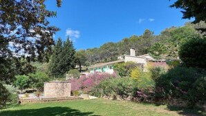 Une maison avec un mur en pierre, un jardin où poussent différentes plantes et un ciel bleu dégagé.