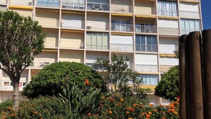 Ein mehrstöckiges Wohnhaus mit Balkonen, umgeben von verschiedenen blühenden Pflanzen und einem Holzzaun.