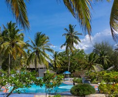 Outdoor pool, pool umbrellas, sun loungers