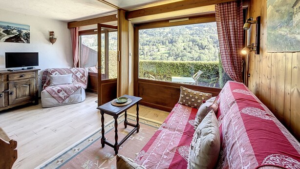 Ein gemütliches Zimmer mit Holzboden, einer Couch mit gemusterten Kissen, einem kleinen Tisch mit einem Teller und einem Fernseher auf einer Holzkommode.