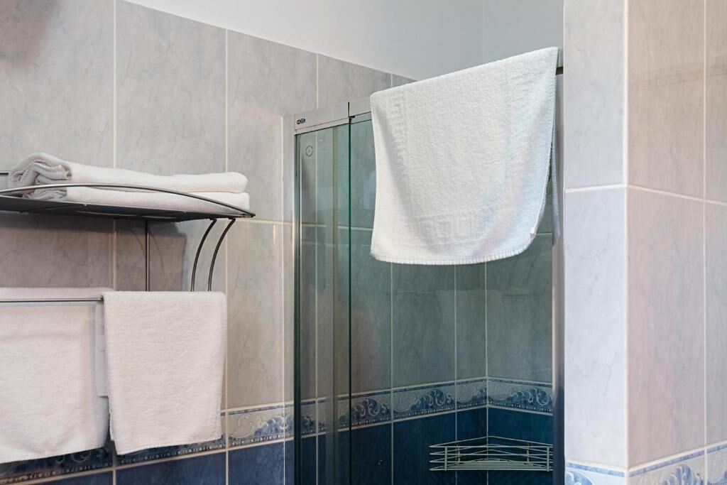 A bathroom with a glass shower enclosure, white towels on a rack, and decorative blue tiles.