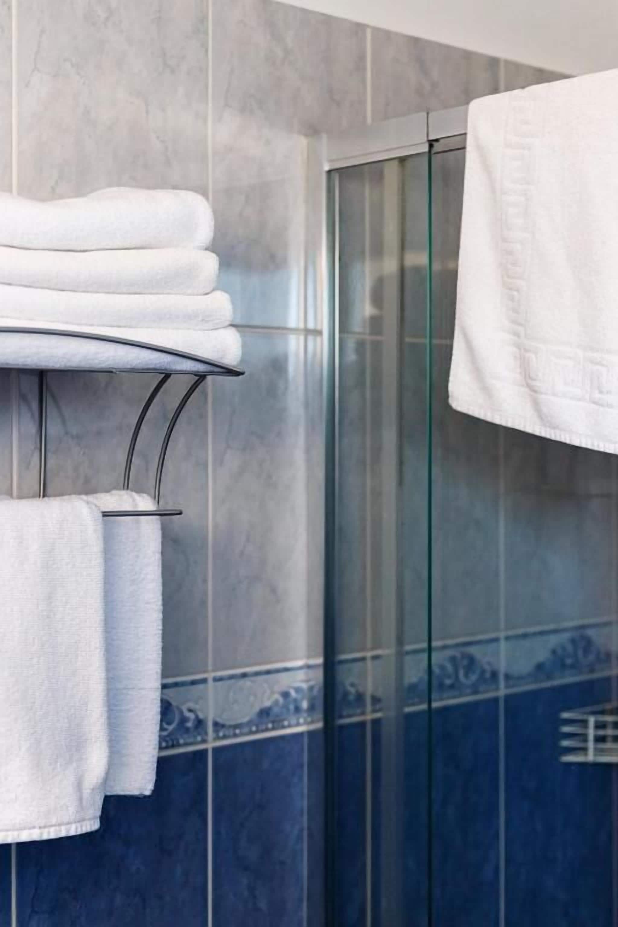 Une salle de bain dotée d’une douche à parois de verre, d’un porte-serviettes avec des serviettes pliées et d’un mur recouvert de carreaux décoratifs.