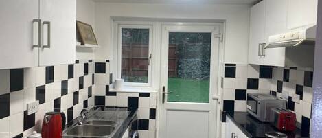 Fridge, microwave, oven, electric kettle