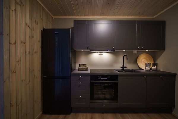 Refrigerador con congelador, horno, parrilla de estufa y lavavajillas