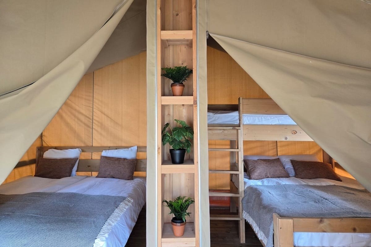 Family Tent | Individually decorated, desk, blackout curtains, iron/ironing board