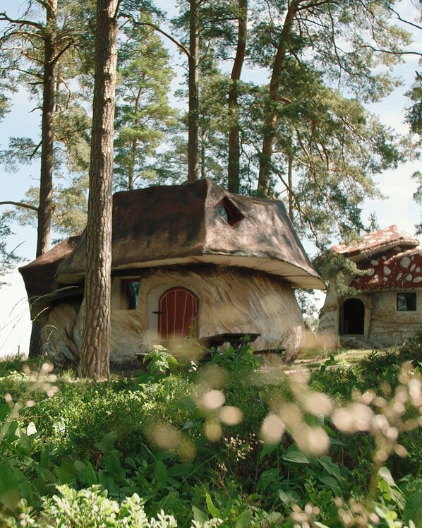 Una casa rústica con techo inclinado, una puerta roja y una estructura con forma de hongo cerca.