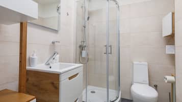 Dusche, Haartrockner, Handtücher, Shampoo