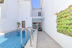 A swimming pool with metal railings, a potted plant, and a green wall with plants.