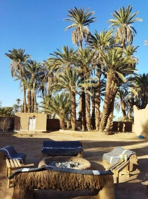 A desert landscape with palm trees, outdoor seating, and a small building.