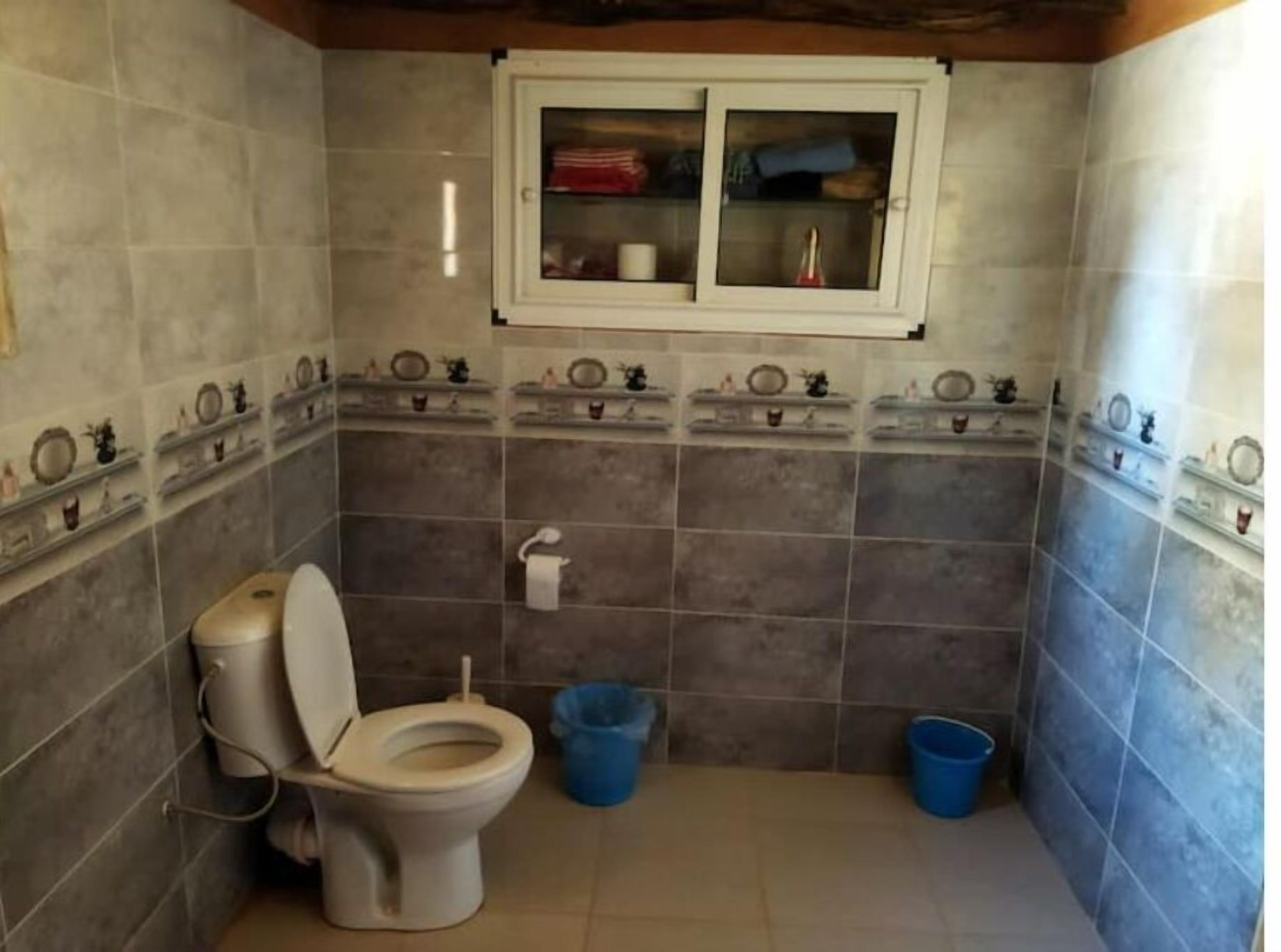 Une petite salle de bain avec des toilettes, un seau bleu et un meuble au-dessus des toilettes.