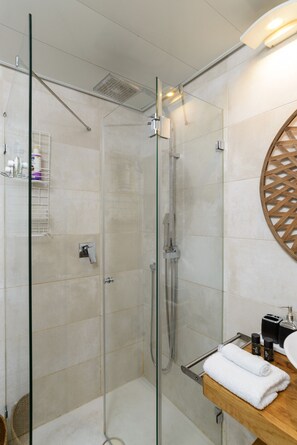 Shower, hair dryer, towels