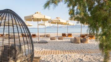 Private beach, sun loungers, beach umbrellas