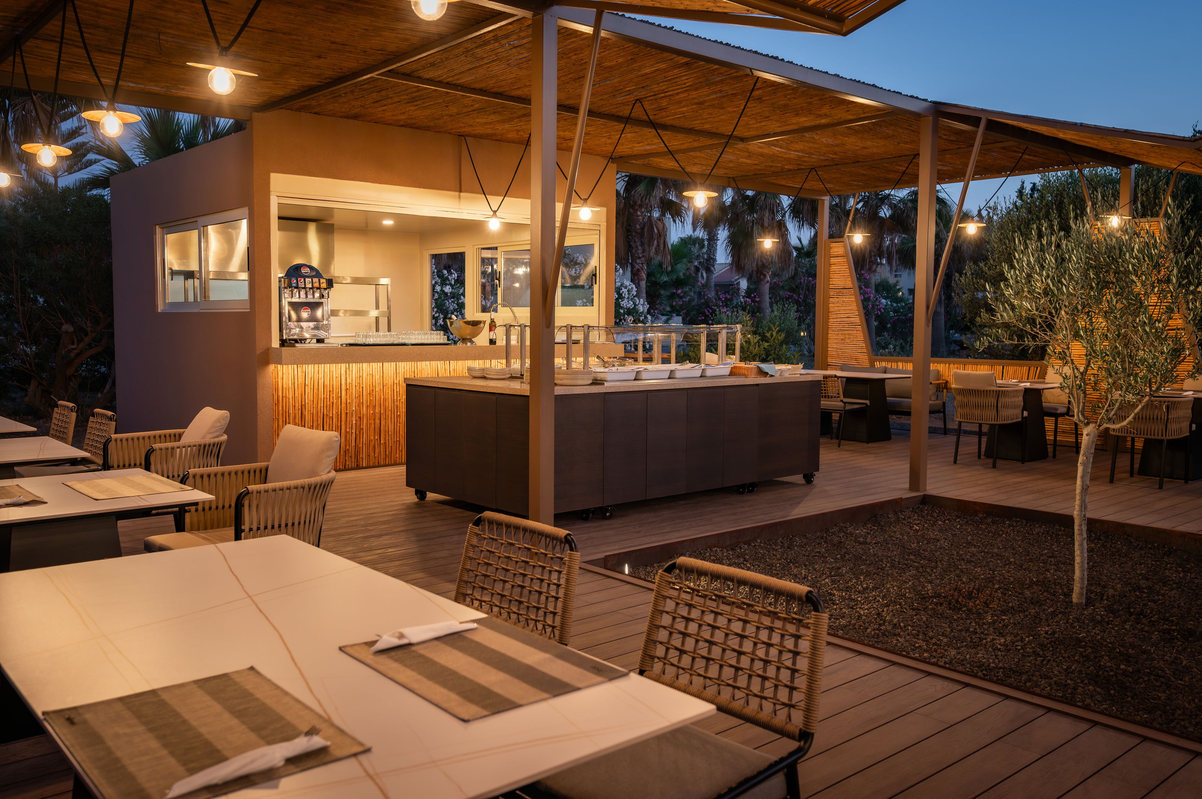 Een terras met tafels en stoelen, een bar met een aanrecht en drankendispenser, en een pergola voor beschutting tegen de zon.