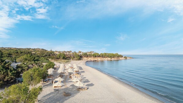A beach with rows of sun loungers and umbrellas, a sandy shore, and a calm sea. - Achilleas Beach Hotel Adults Only (Kos)