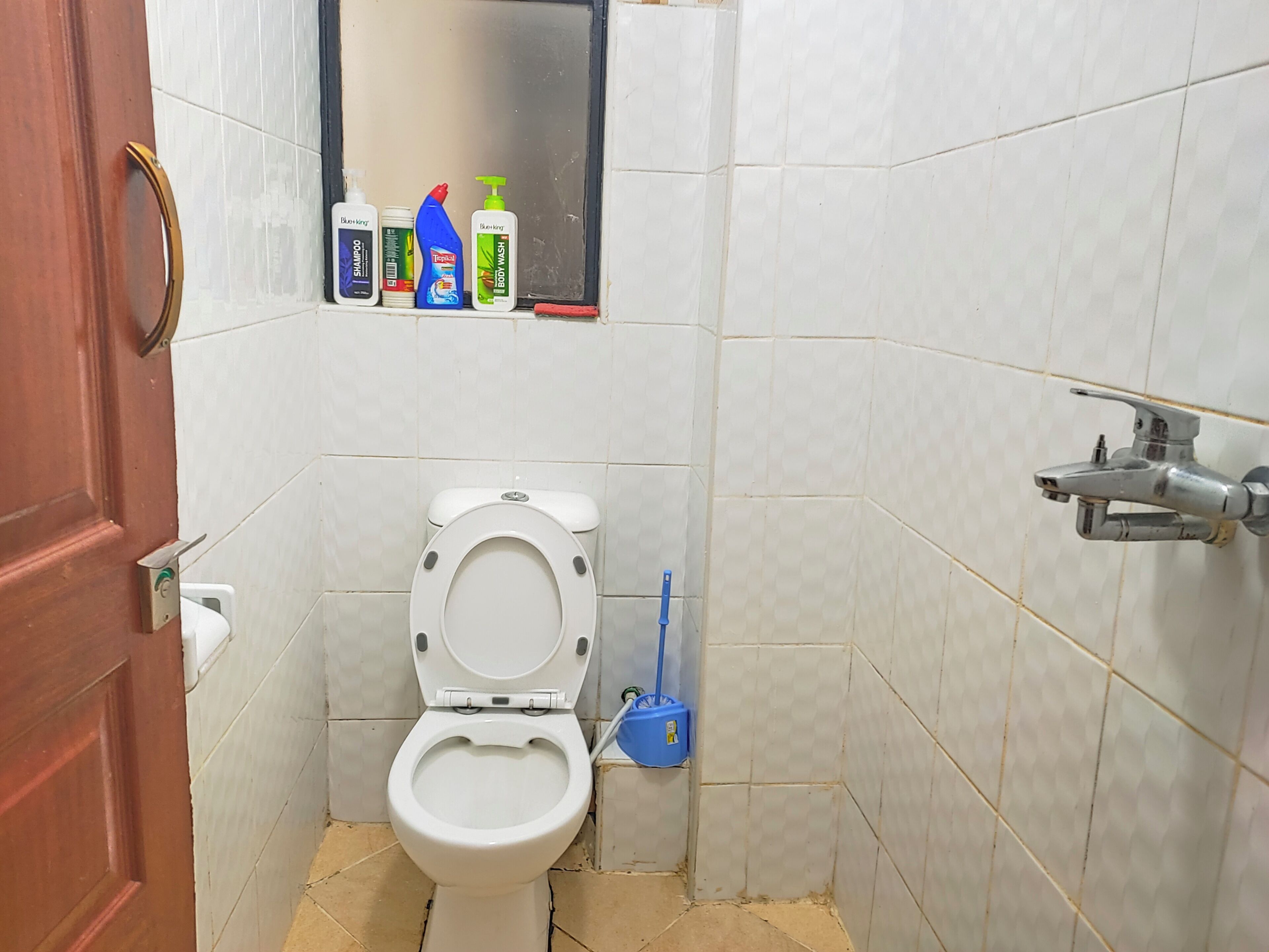 Ein kleines Badezimmer mit Toilette, einem blauen Reinigungseimer und einem Ablagefach mit Pflegeprodukten.