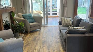 Smart TV, fireplace, books