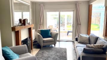 Smart TV, fireplace, books