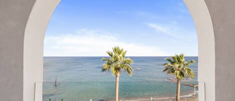 A balcony with a view of the sea and two palm trees.