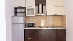 Une cuisine compacte équipée d’un réfrigérateur, d’un four à micro-ondes et d’un évier.