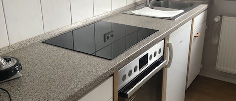 Fridge, microwave, stovetop, coffee/tea maker